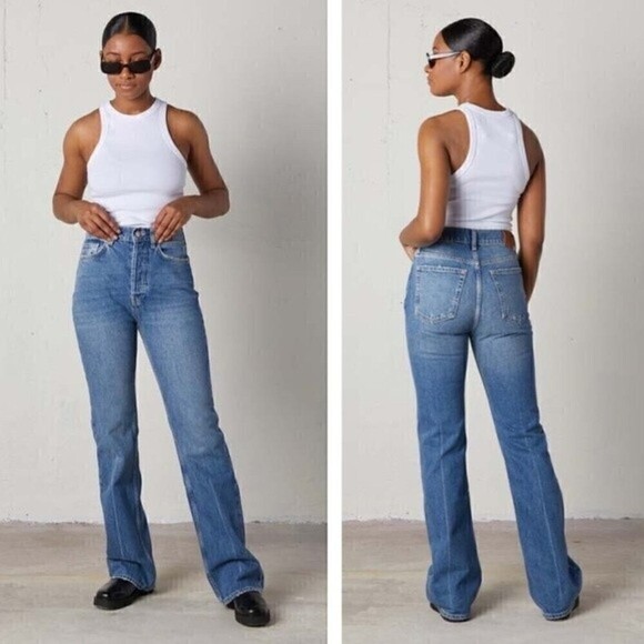 New! Anine Bing Bryn High Rise Easy Boot Effie Blue Button Fly Flare Jeans - Picture 1 of 10